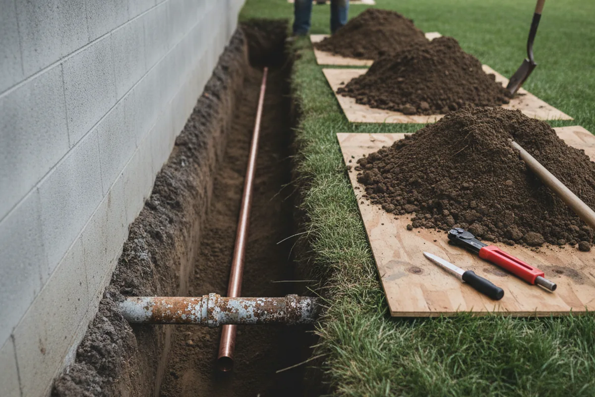 Excavated water line trench during Water Heater Repair in Carl Junction